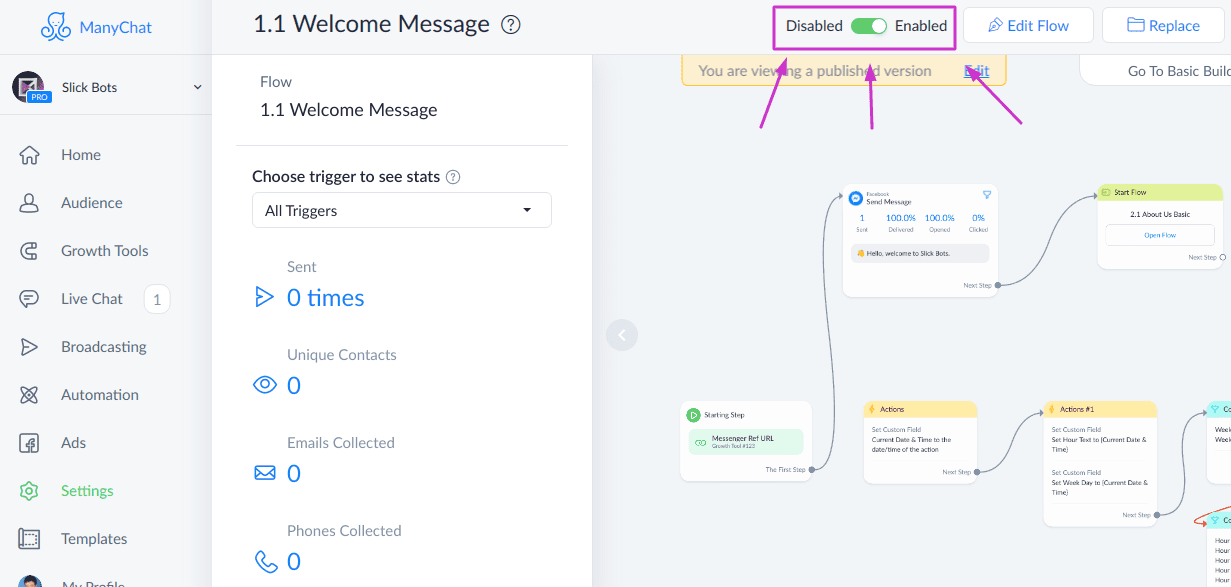 ManyChat, enable welcome message, screenshot