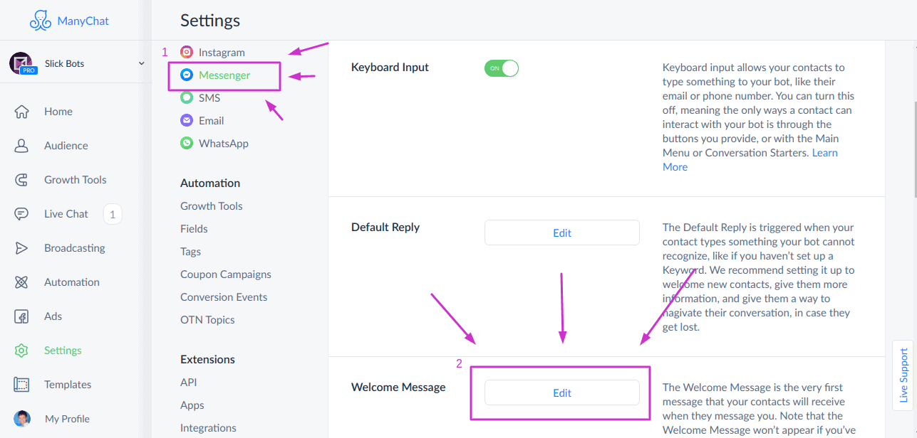 ManyChat, Settings, Messenger, Welcome Message , Screenshot