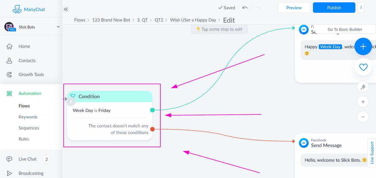 ManyChat chatbot tutorial - How to: Bot Wishes Happy Friday/Monday to User - 5