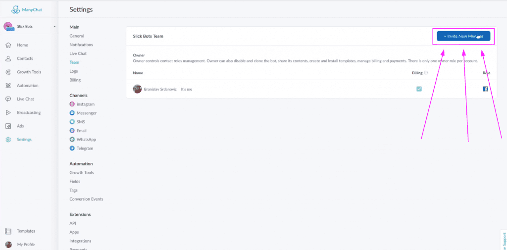How to add a new team member on ManyChat - step 3