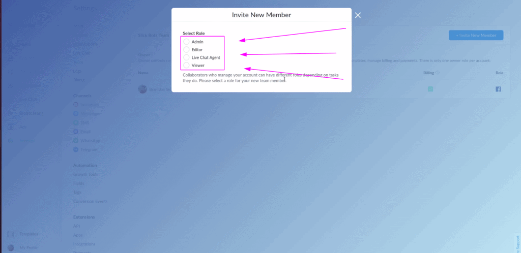 How to add a new team member to ManyChat account - step 4
