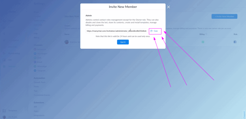 How to add a new team member to ManyChat account - step 5